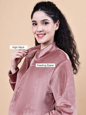 Pink Solid Velvet Winter Maternity Nighty