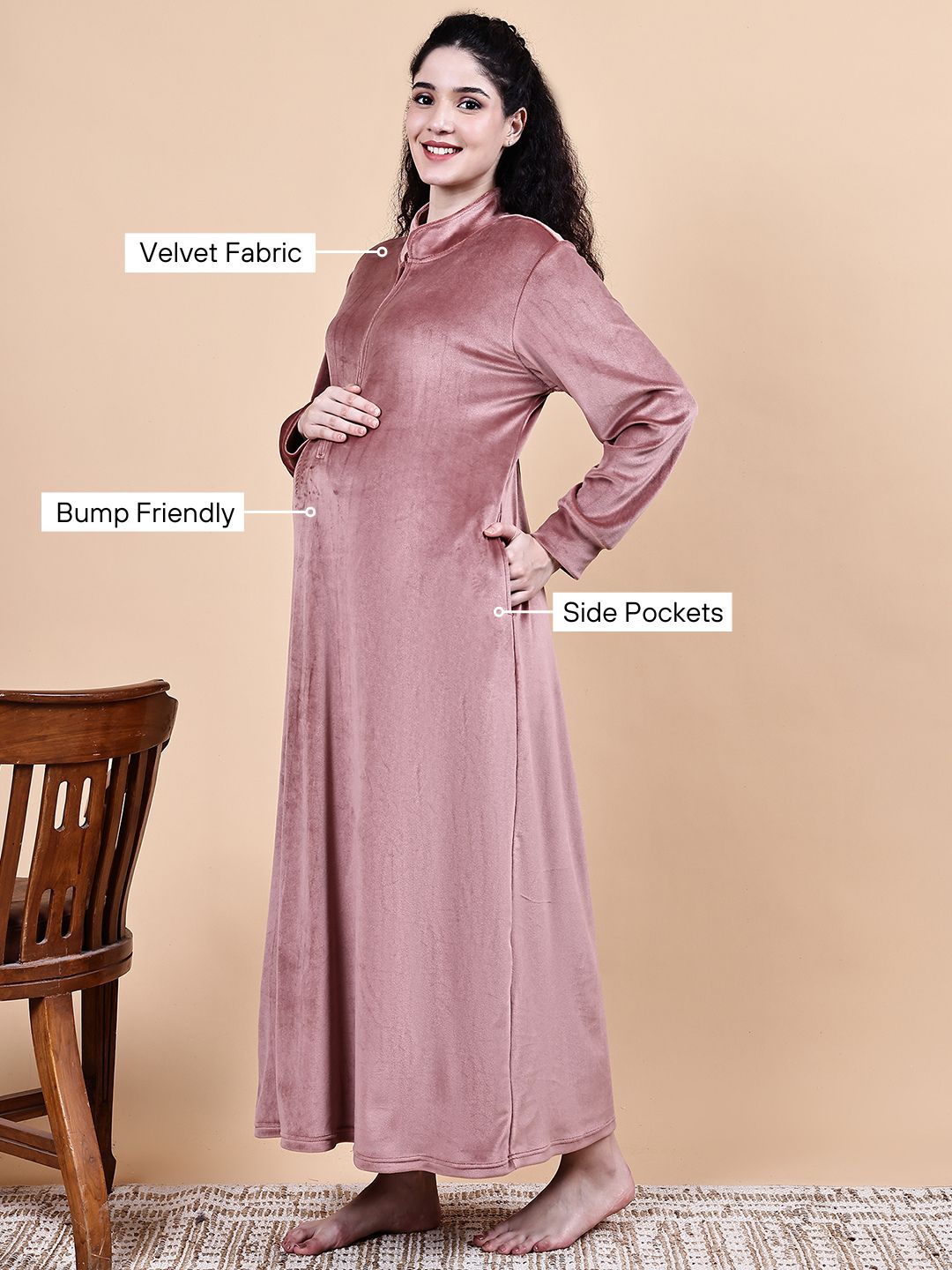 Pink Solid Velvet Winter Maternity Nighty