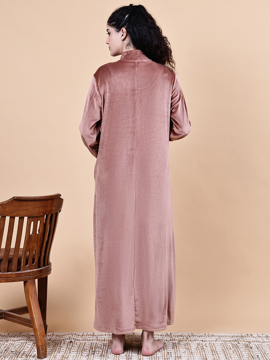 Pink Solid Velvet Winter Maternity Nighty