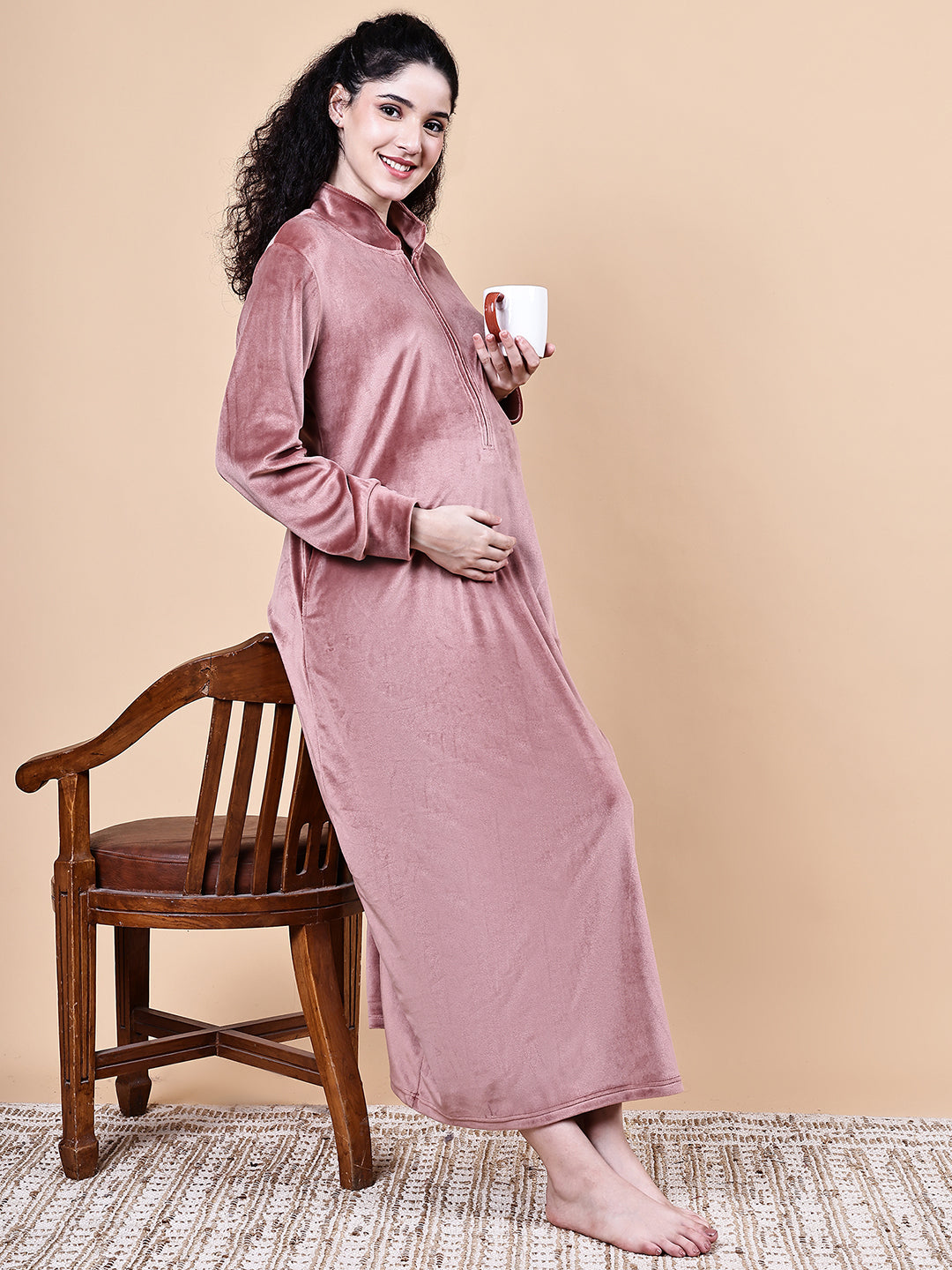 Pink Solid Velvet Winter Maternity Nighty