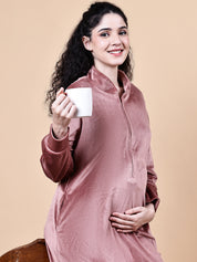 Pink Solid Velvet Winter Maternity Nighty