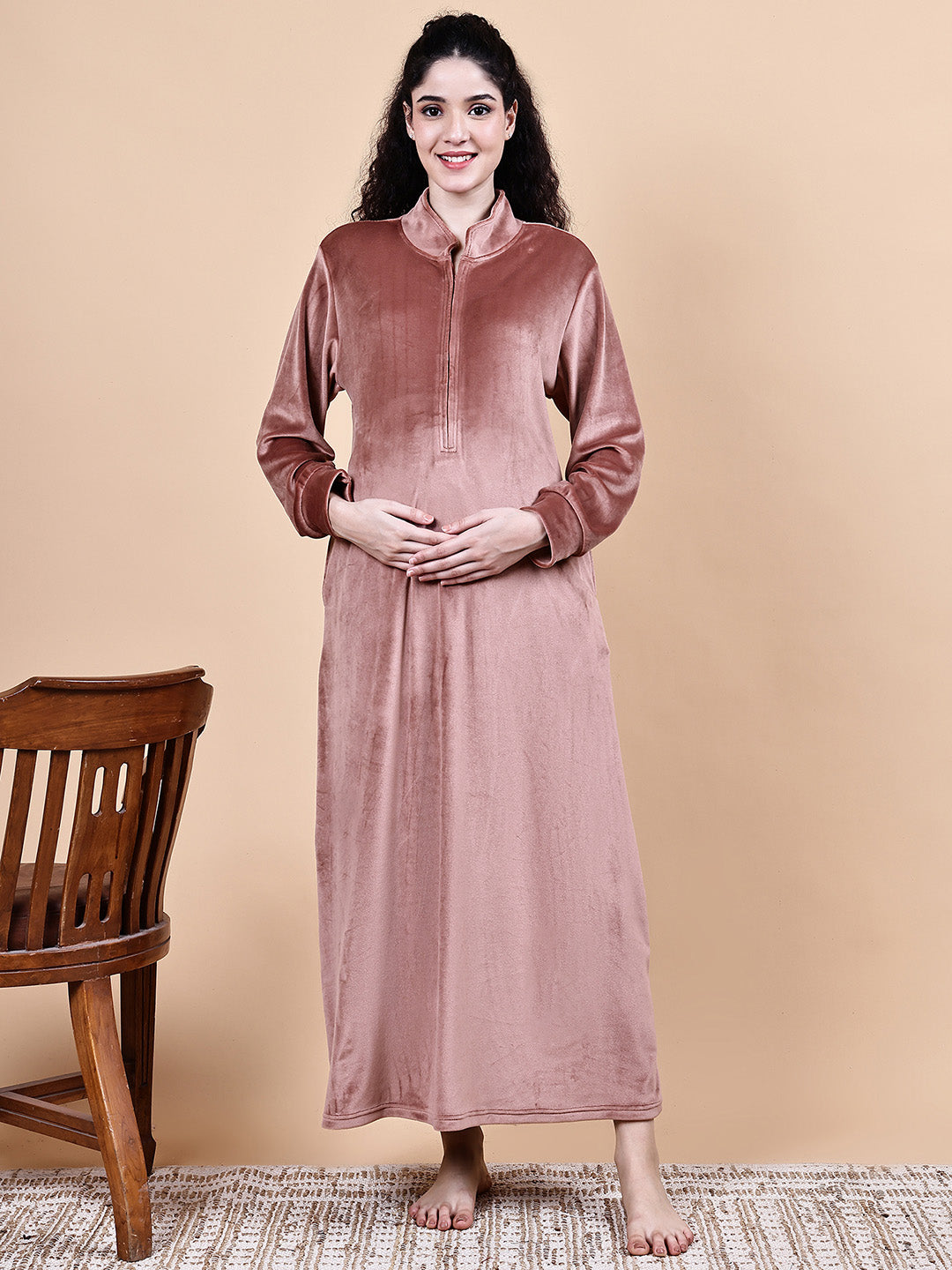 Pink Solid Velvet Winter Maternity Nighty