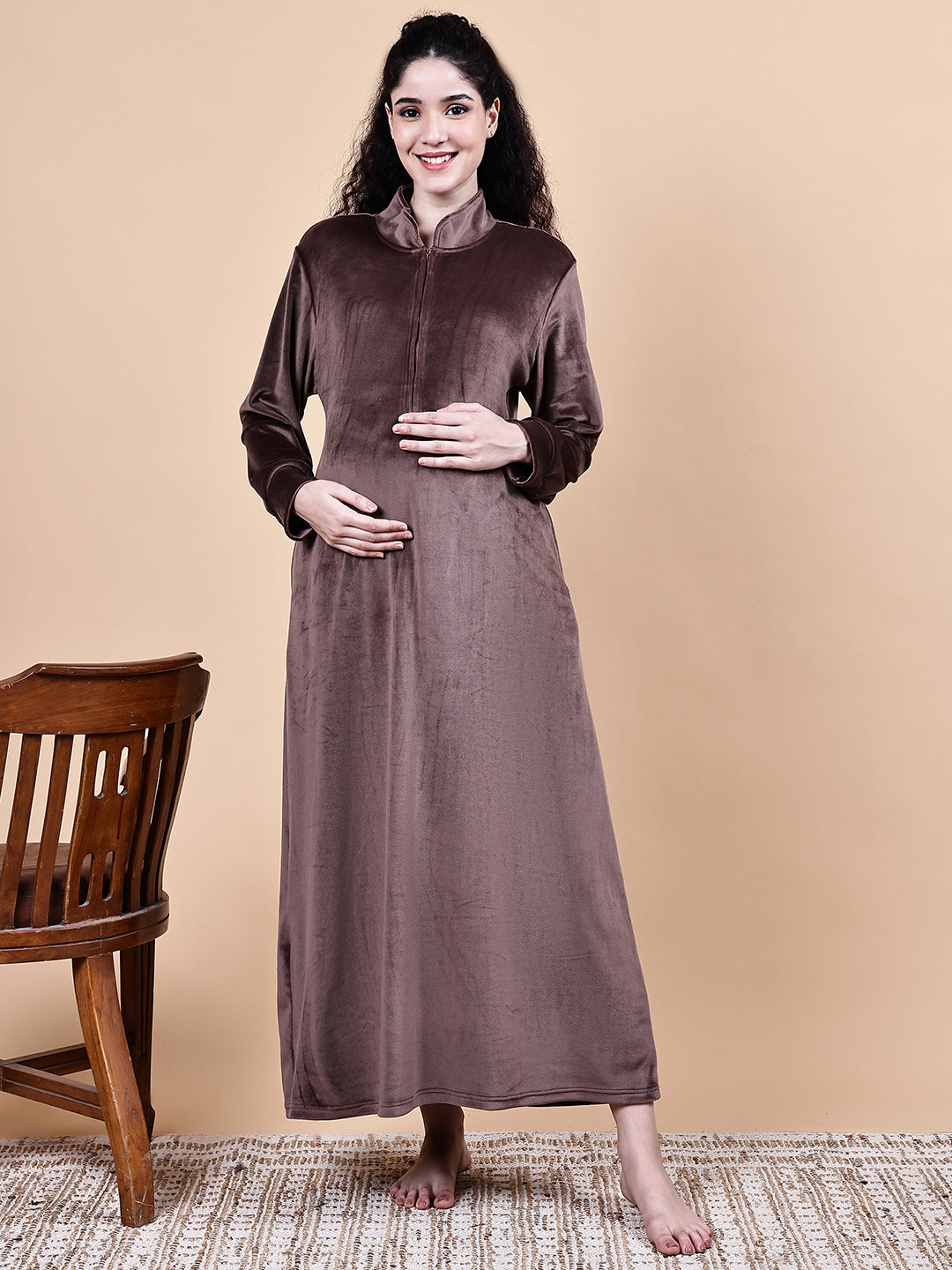 Brown Solid Velvet Winter Maternity Nighty