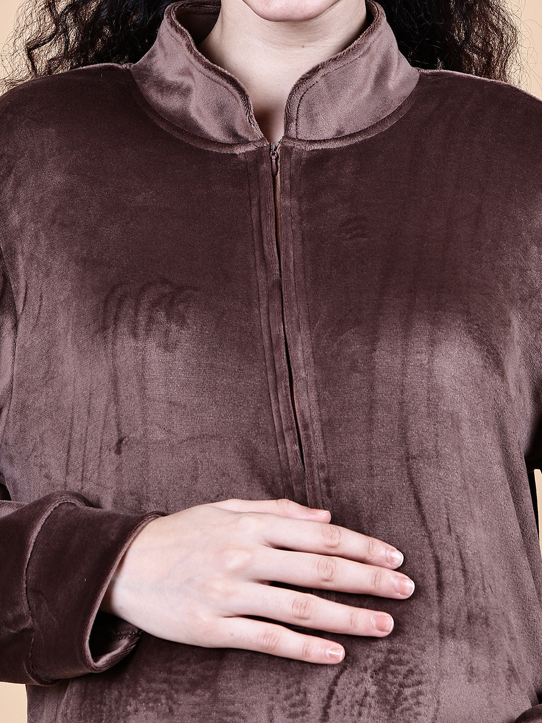 Brown Solid Velvet Winter Maternity Nighty