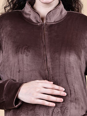 Brown Solid Velvet Winter Maternity Nighty