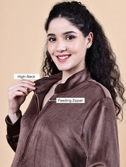 Brown Solid Velvet Winter Maternity Nighty