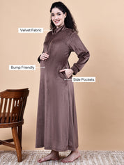 Brown Solid Velvet Winter Maternity Nighty