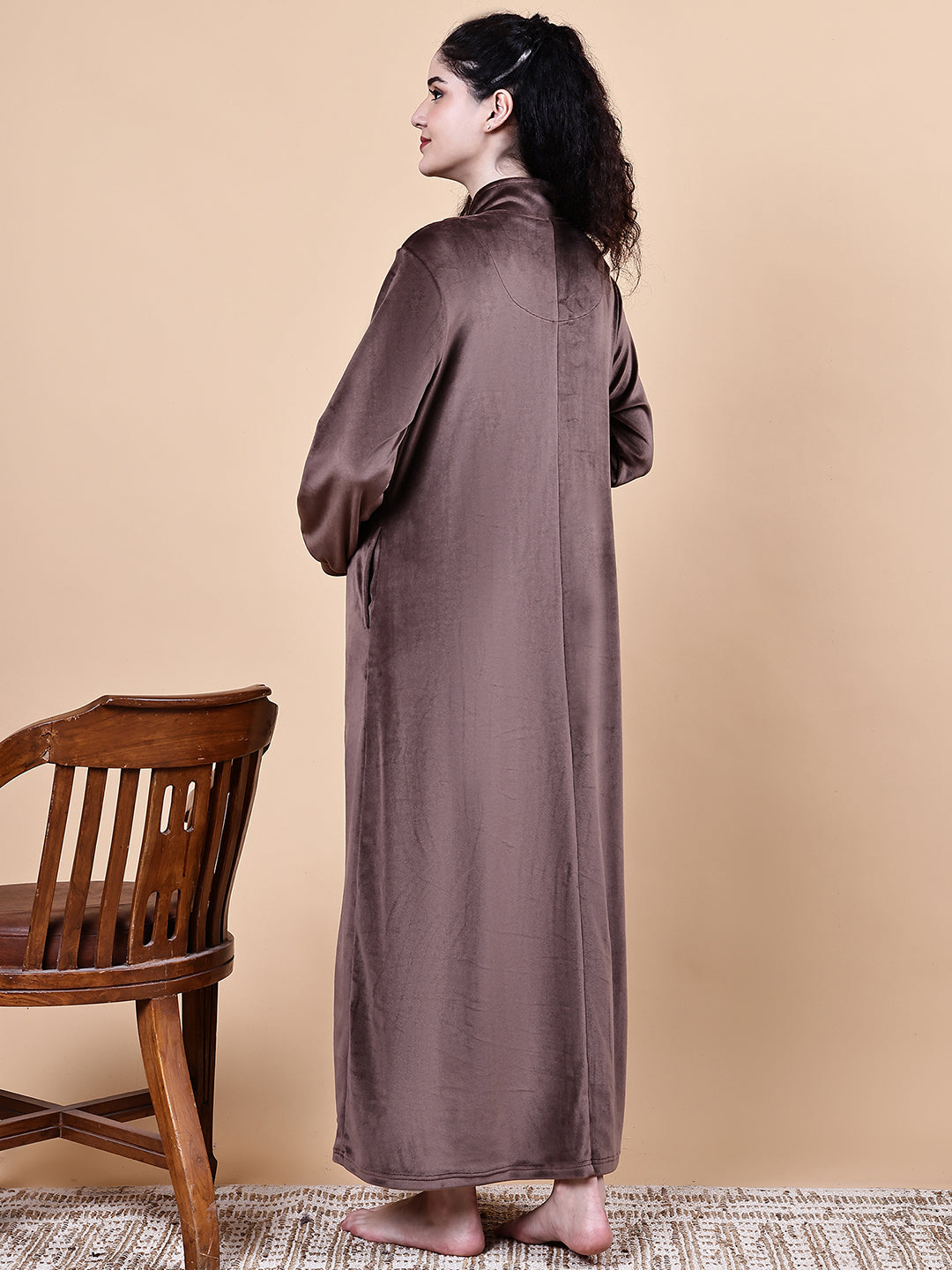 Brown Solid Velvet Winter Maternity Nighty