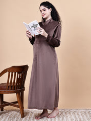 Brown Solid Velvet Winter Maternity Nighty