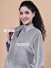 Secret Wish Grey Solid Velvet Winter Maternity Nighty