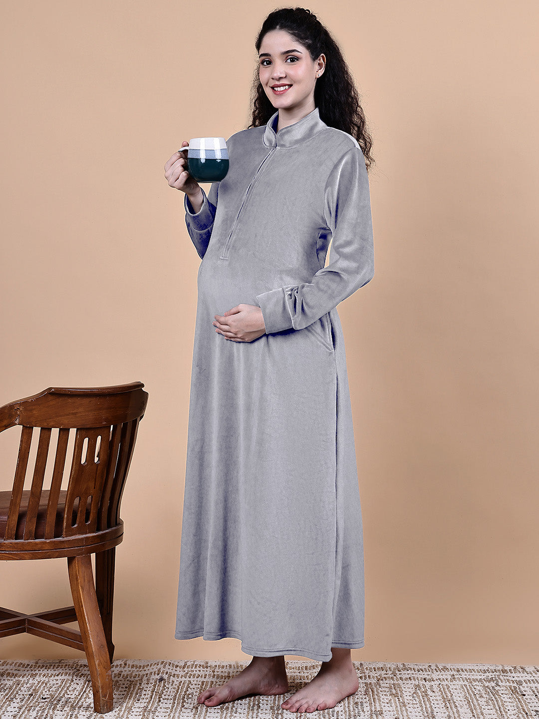 Secret Wish Grey Solid Velvet Winter Maternity Nighty