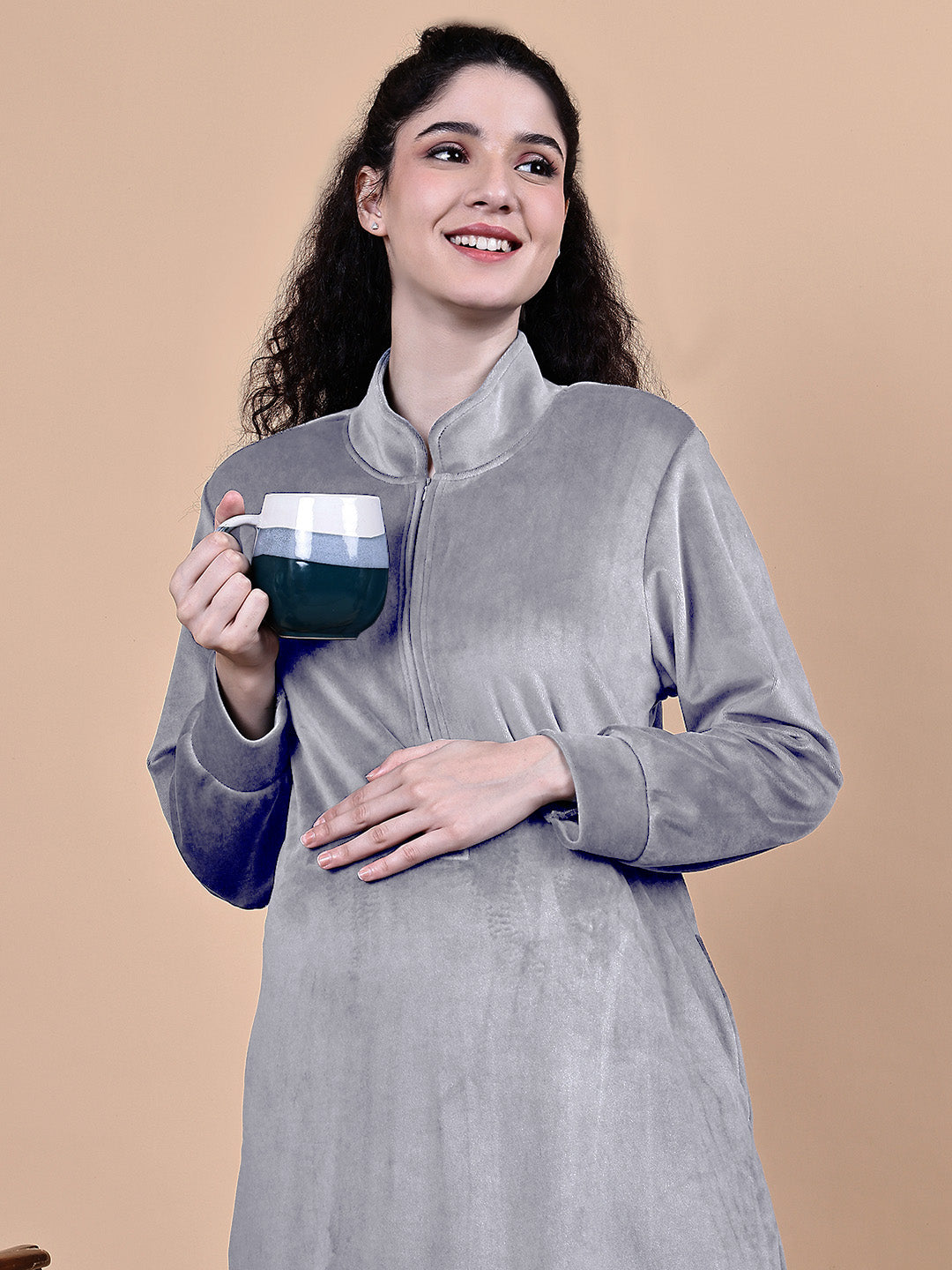 Secret Wish Grey Solid Velvet Winter Maternity Nighty