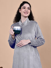 Secret Wish Grey Solid Velvet Winter Maternity Nighty