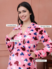 Pink Printed Fur Woolen Maternity Nighty