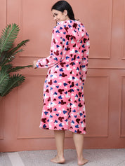 Pink Printed Fur Woolen Maternity Nighty