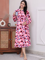 Pink Printed Fur Woolen Maternity Nighty