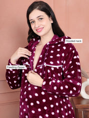 Secret Wish Purple Polka Dot Woolen Maternity Nighty Full Length with Hoodie