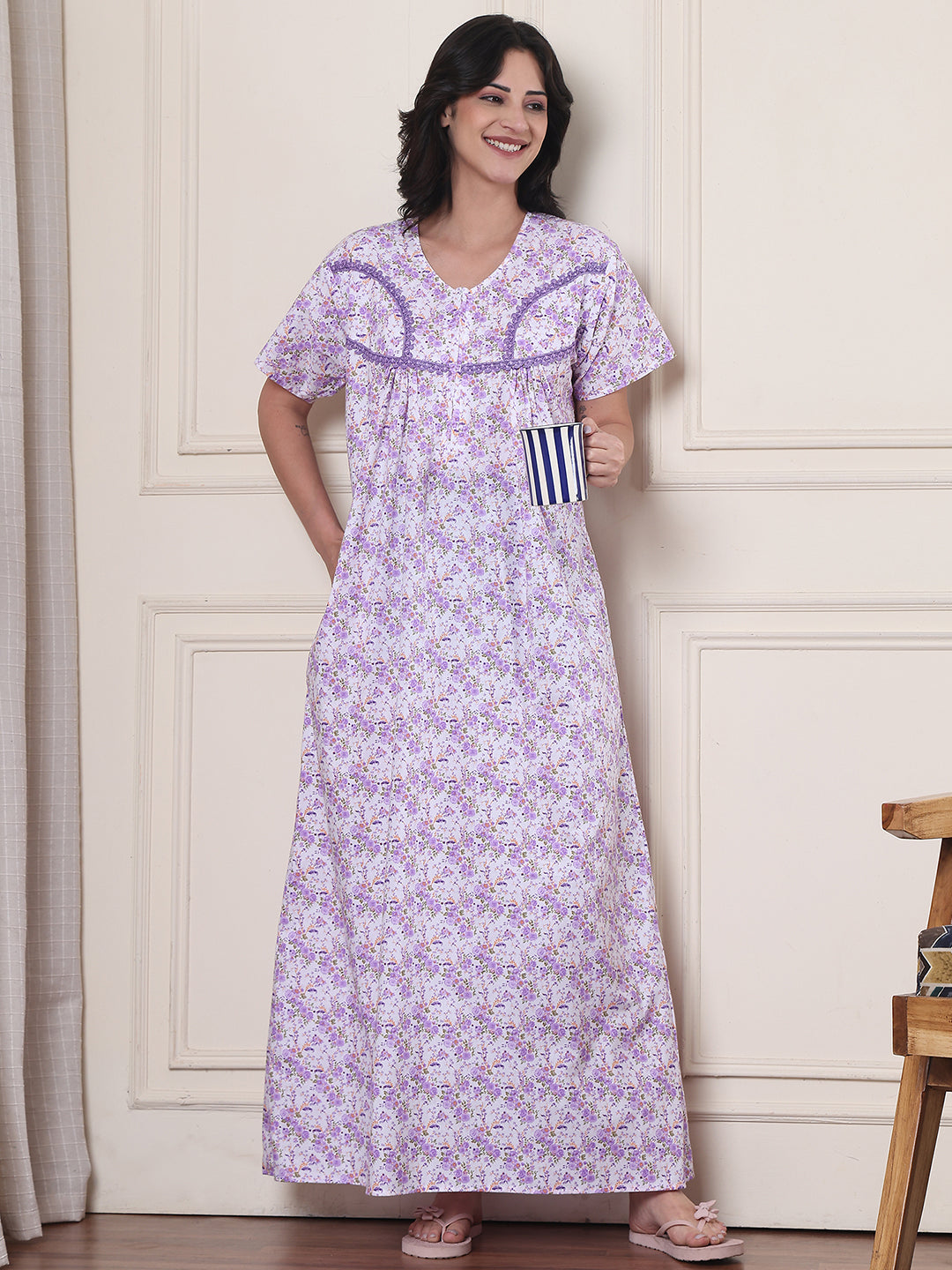 Lavender Floral Pure Cotton Nighty