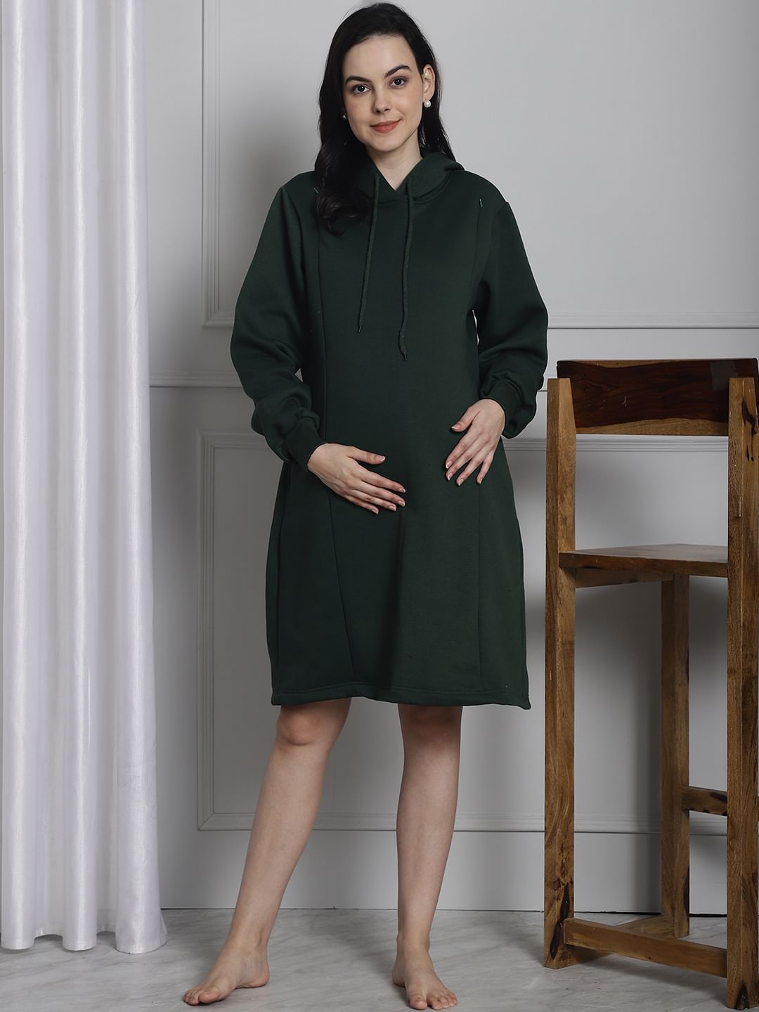 Green Hoodie Winter Maternity Nightdress