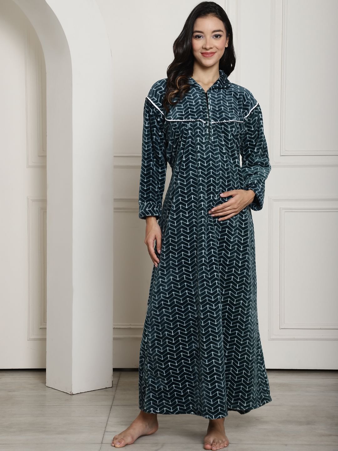Green Printed Woolen Maternity Nighty