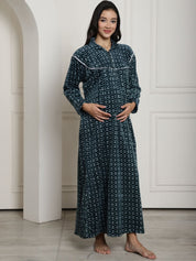 Green Printed Woolen Maternity Nighty