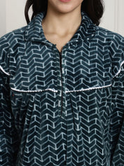 Green Printed Woolen Maternity Nighty