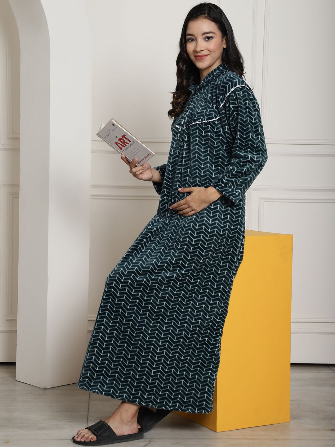 Green Printed Woolen Maternity Nighty