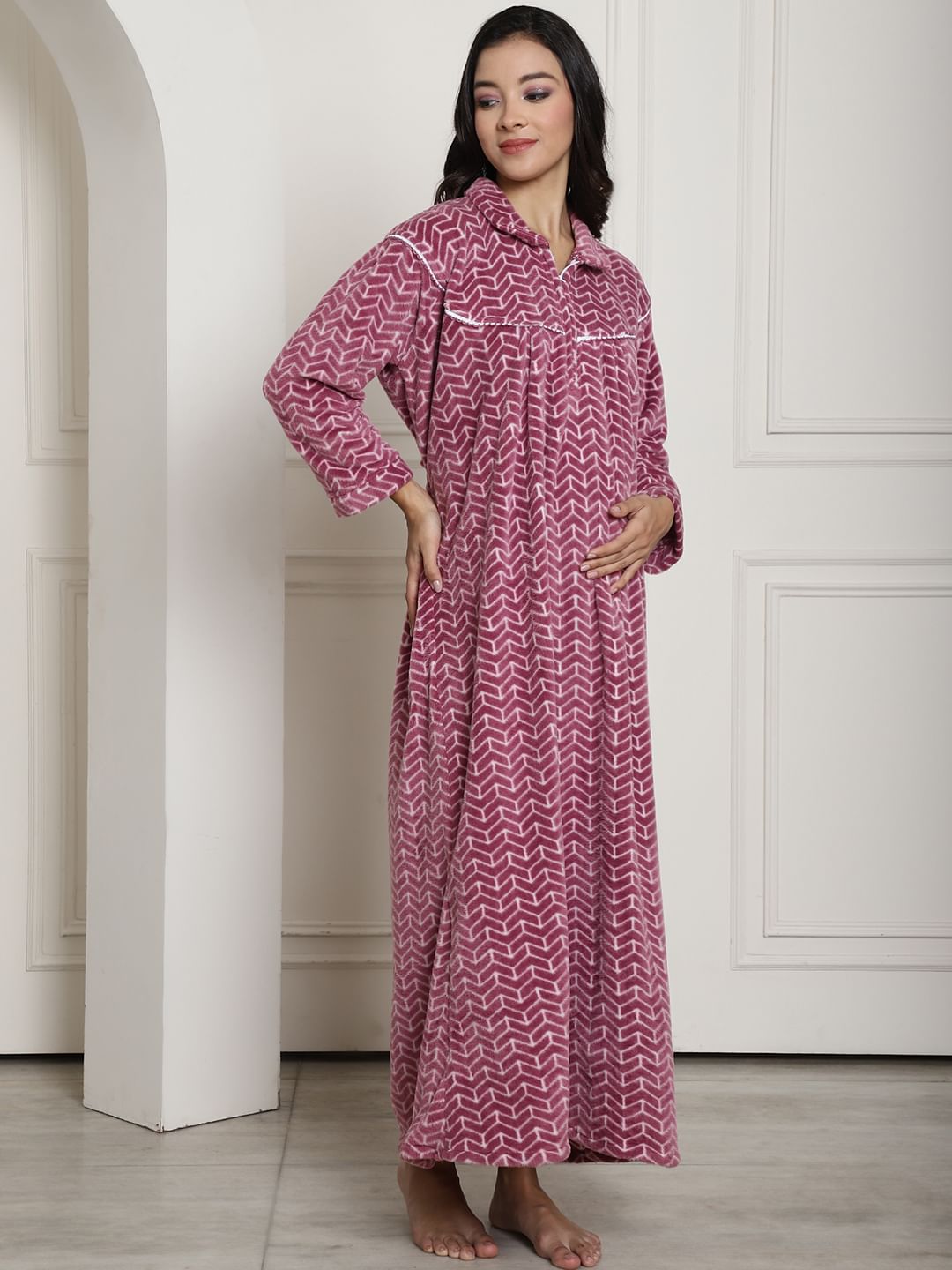 Pink Printed Woolen Maternity Nighty