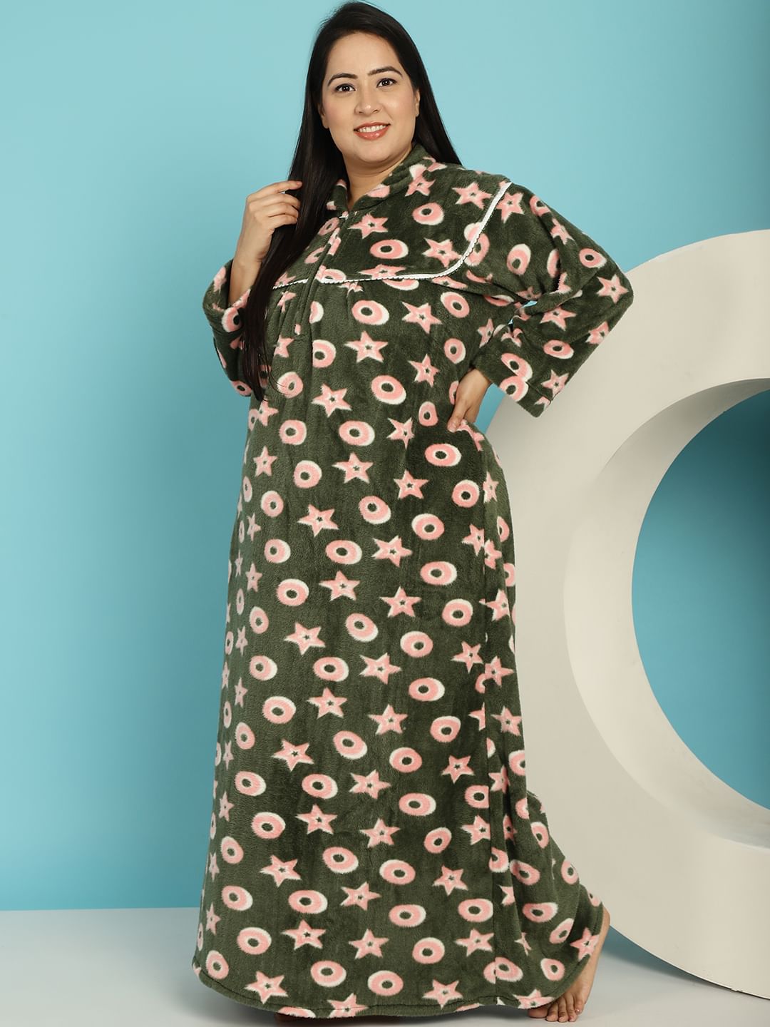 Green Printed Woolen Plus size Nighty