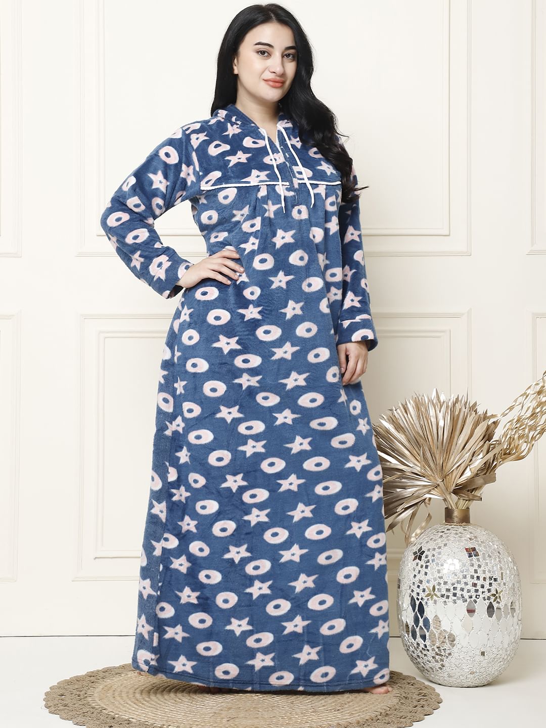 Printed Blue Woolen Plus Size Winter Nighty with Hoodie