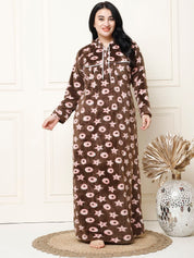 Printed Brown Woolen Plus Size Winter Nighty with Hoodie