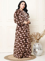 Printed Brown Woolen Plus Size Winter Nighty with Hoodie