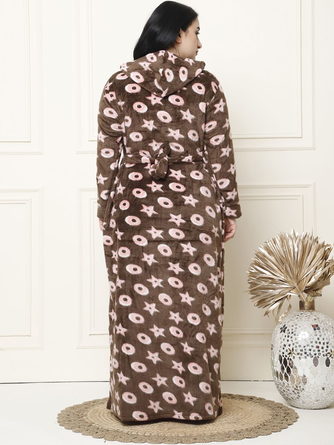 Printed Brown Woolen Plus Size Winter Nighty with Hoodie