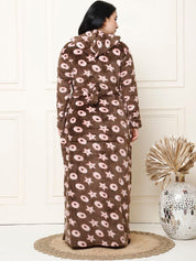 Printed Brown Woolen Plus Size Winter Nighty with Hoodie