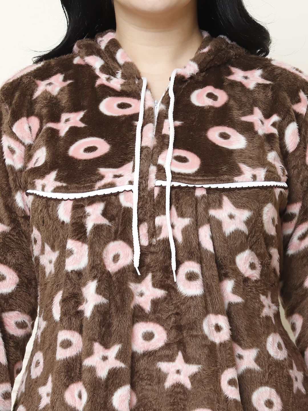 Printed Brown Woolen Plus Size Winter Nighty with Hoodie