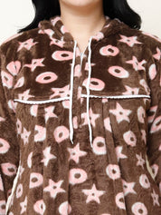 Printed Brown Woolen Plus Size Winter Nighty with Hoodie
