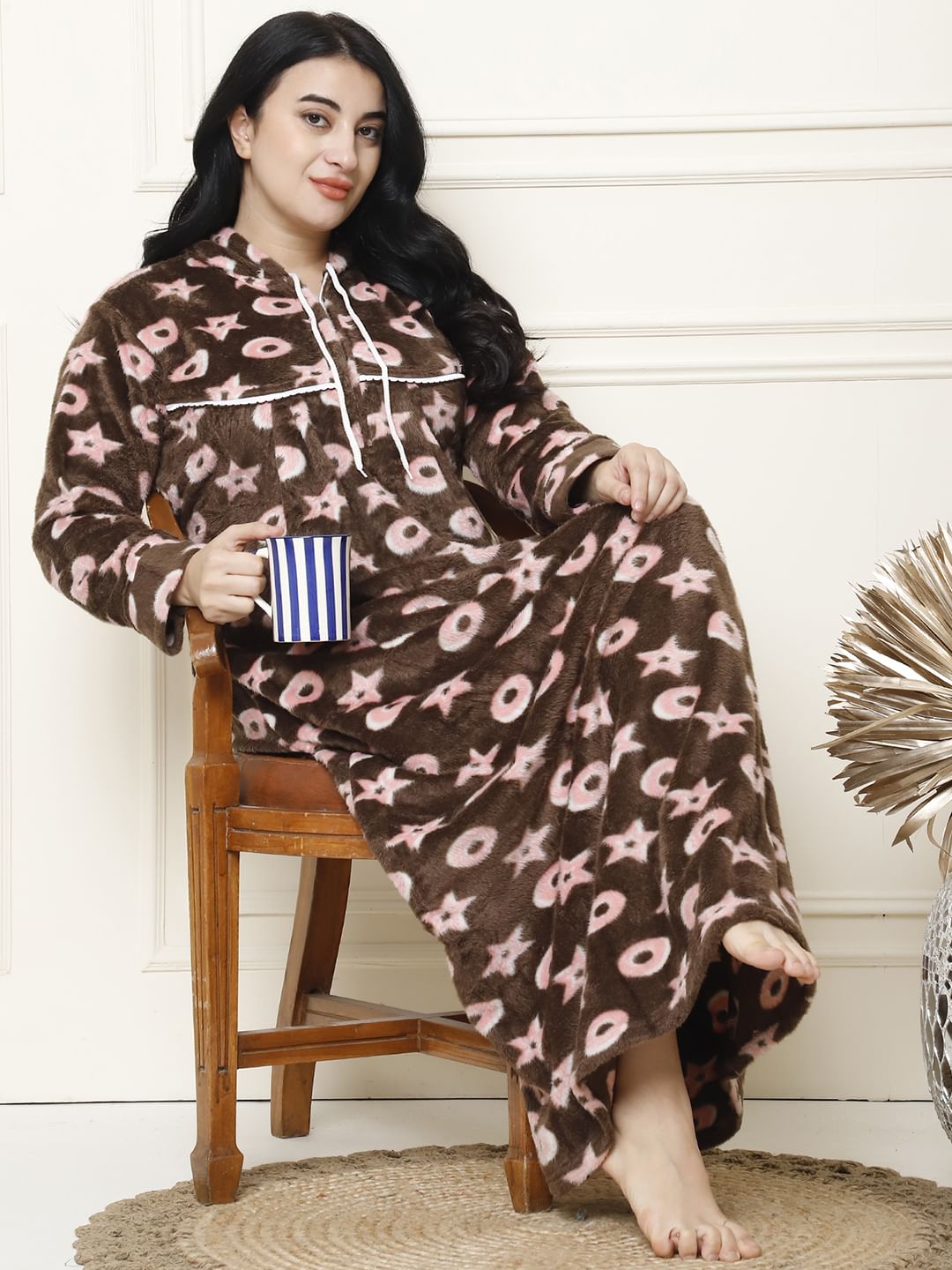 Printed Brown Woolen Plus Size Winter Nighty with Hoodie