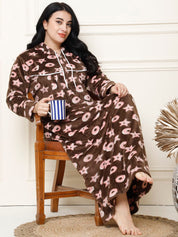 Printed Brown Woolen Plus Size Winter Nighty with Hoodie