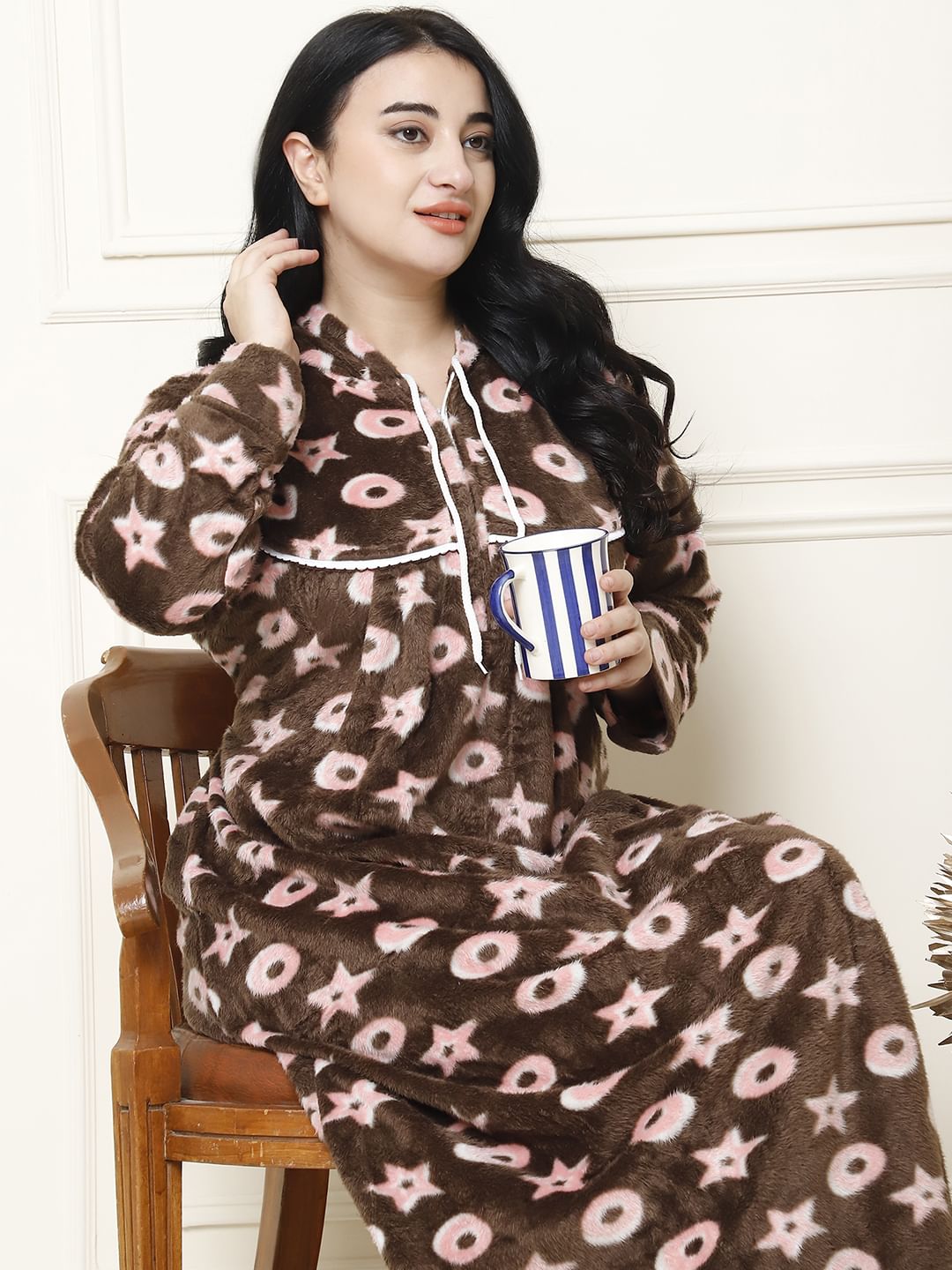 Printed Brown Woolen Plus Size Winter Nighty with Hoodie