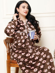 Printed Brown Woolen Plus Size Winter Nighty with Hoodie