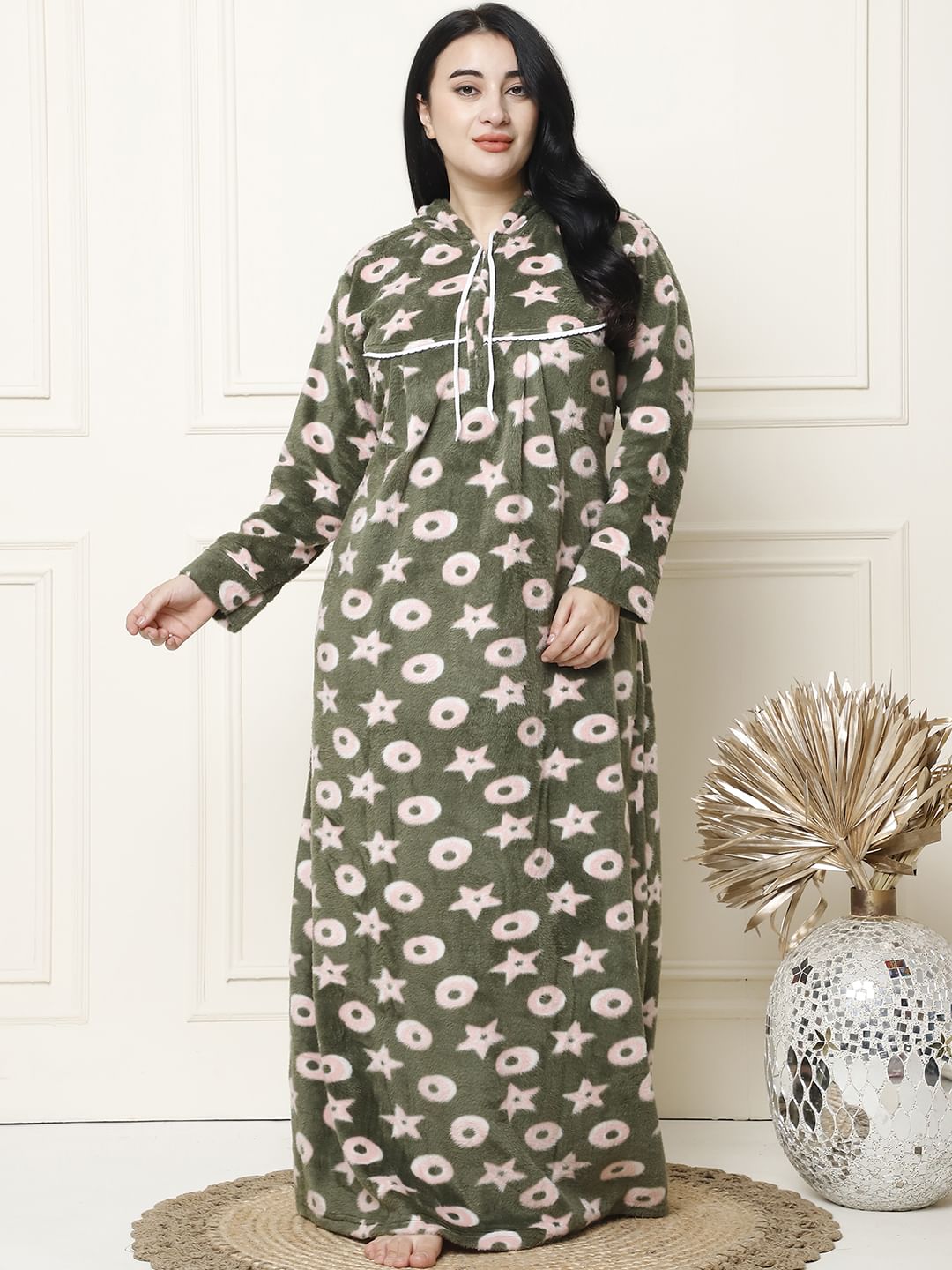 Printed Olive Woolen Plus Size Winter Nighty with Hoodie