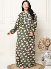 Printed Olive Woolen Plus Size Winter Nighty with Hoodie