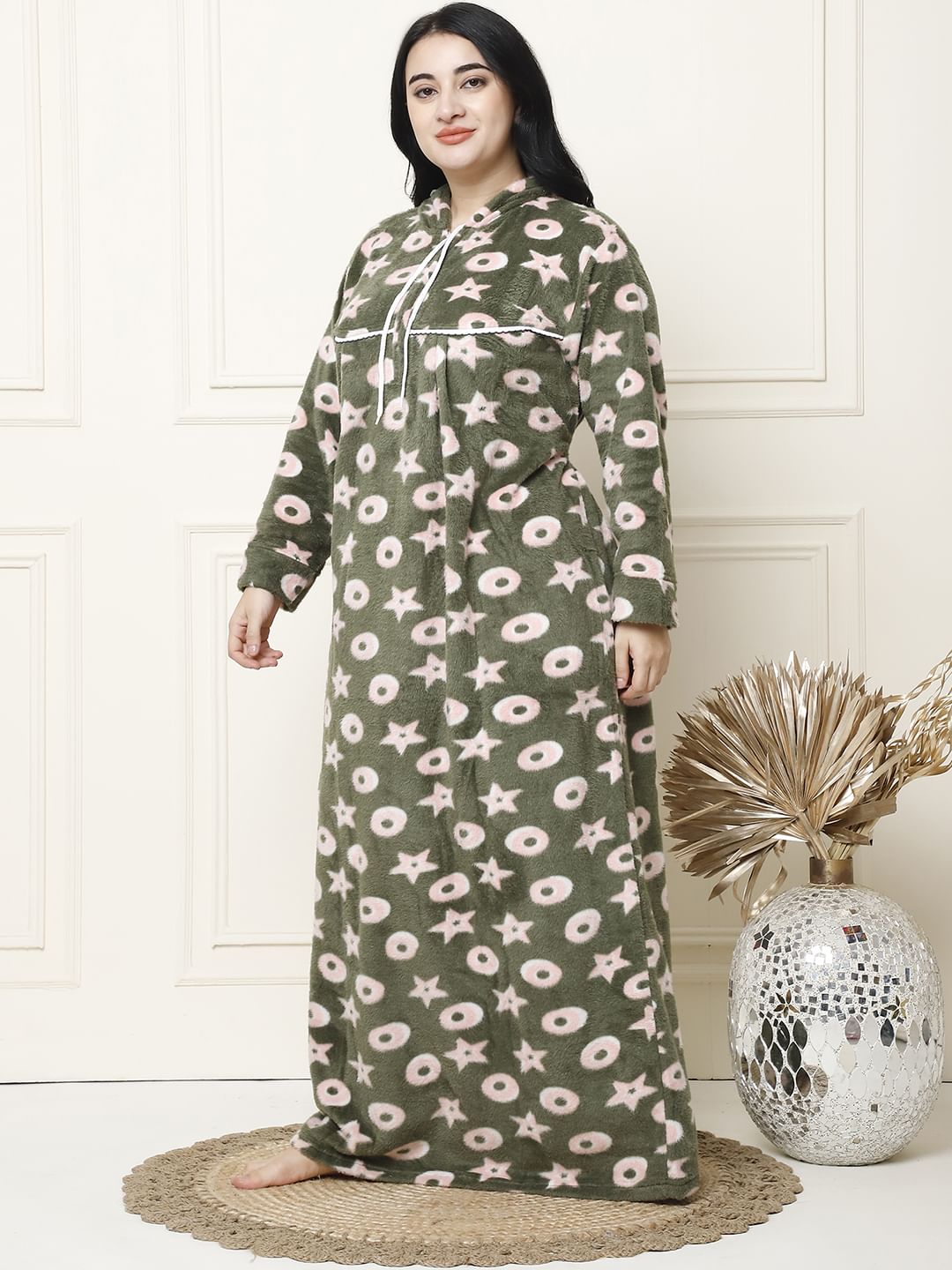 Printed Olive Woolen Plus Size Winter Nighty with Hoodie