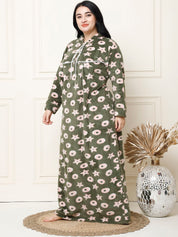 Printed Olive Woolen Plus Size Winter Nighty with Hoodie