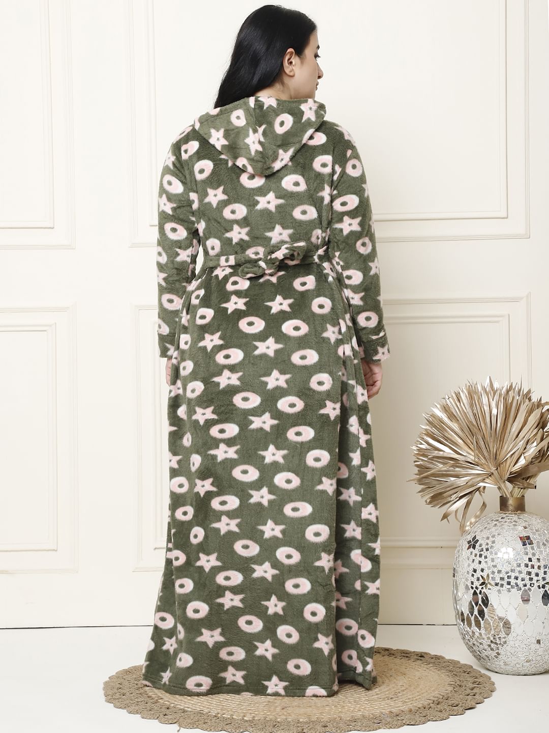 Printed Olive Woolen Plus Size Winter Nighty with Hoodie