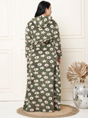 Printed Olive Woolen Plus Size Winter Nighty with Hoodie
