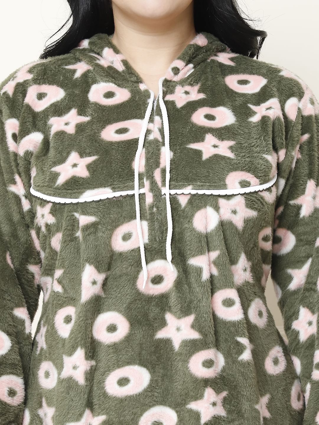 Printed Olive Woolen Plus Size Winter Nighty with Hoodie
