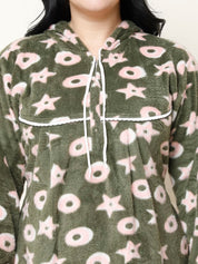 Printed Olive Woolen Plus Size Winter Nighty with Hoodie