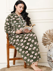 Printed Olive Woolen Plus Size Winter Nighty with Hoodie