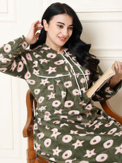 Printed Olive Woolen Plus Size Winter Nighty with Hoodie